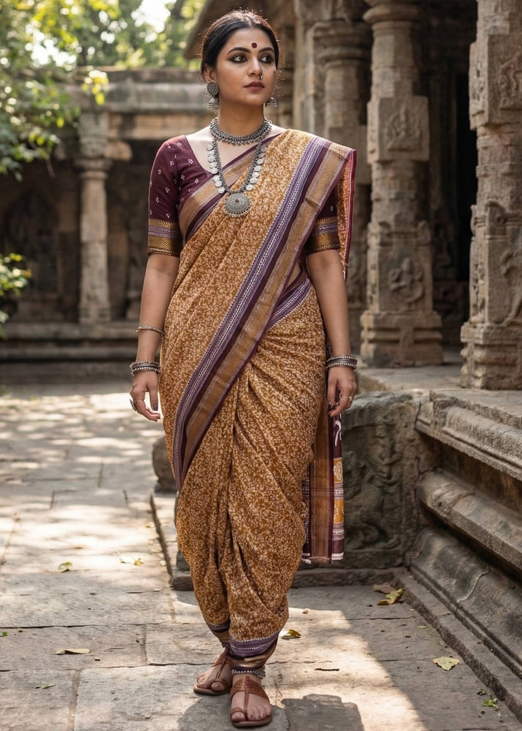 BAGRU BANDHANI MULMUL COTTON HEVY ZARI BORDAR PRINTED BEIGE SAREE WITH BLOUSE
