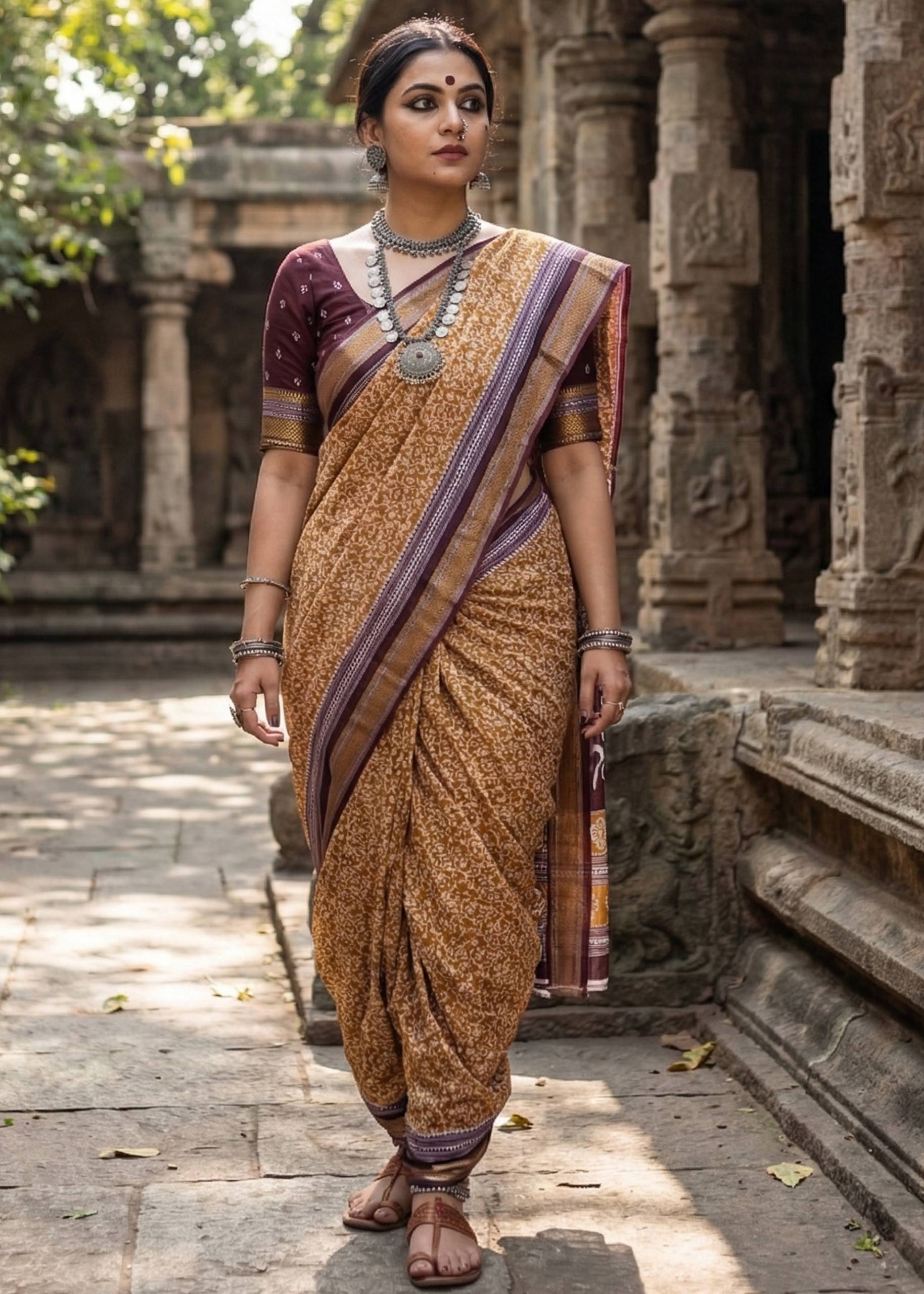 BAGRU BANDHANI MULMUL COTTON HEVY ZARI BORDAR PRINTED BEIGE SAREE WITH BLOUSE