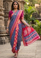 BAGRU BANDHANI MULMUL COTTON HEVY ZARI BORDAR PRINTED BLUE SAREE WITH BLOUSE