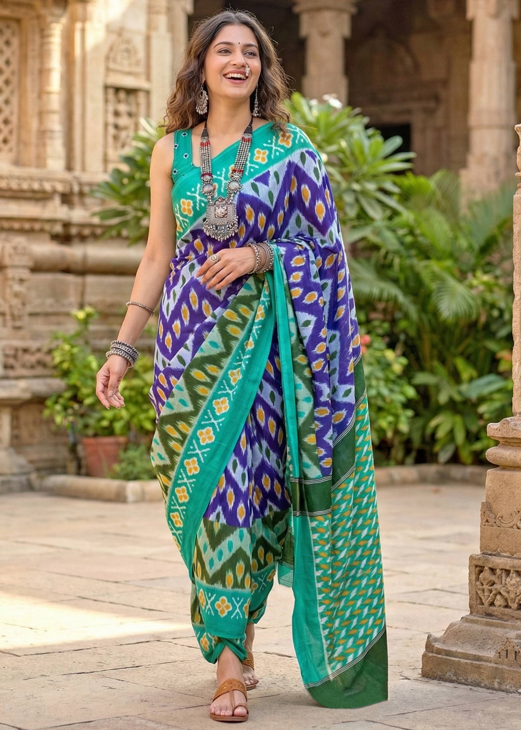 PURE MULMUL COTTON IKKAT PRINTD BLUE SAREE WITH BLOUSE
