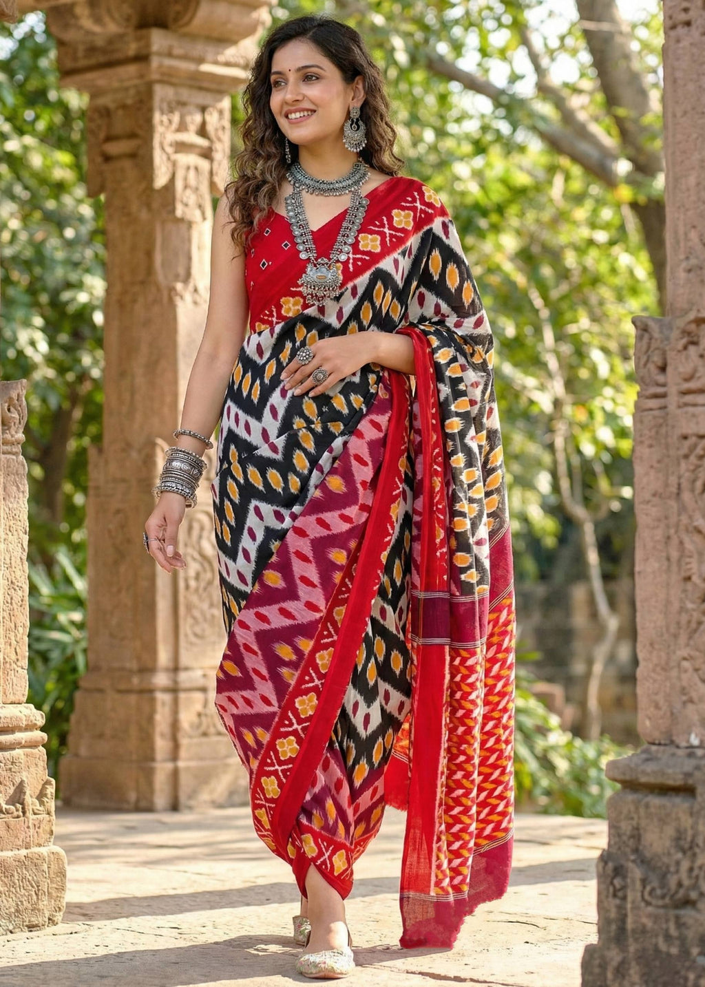 PURE MULMUL COTTON IKKAT PRINTD BLACK SAREE WITH BLOUSE