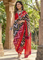 PURE MULMUL COTTON IKKAT PRINTD BLACK SAREE WITH BLOUSE