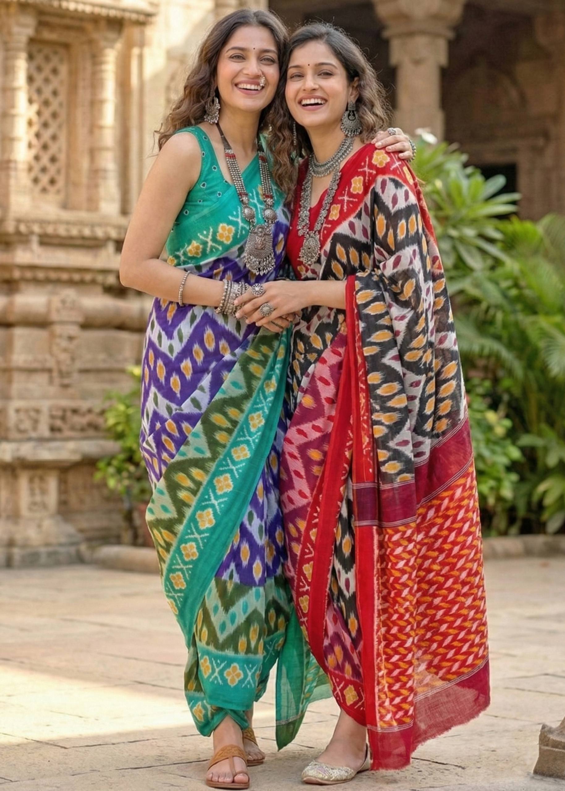 PURE MULMUL COTTON IKKAT PRINTD BLACK SAREE WITH BLOUSE