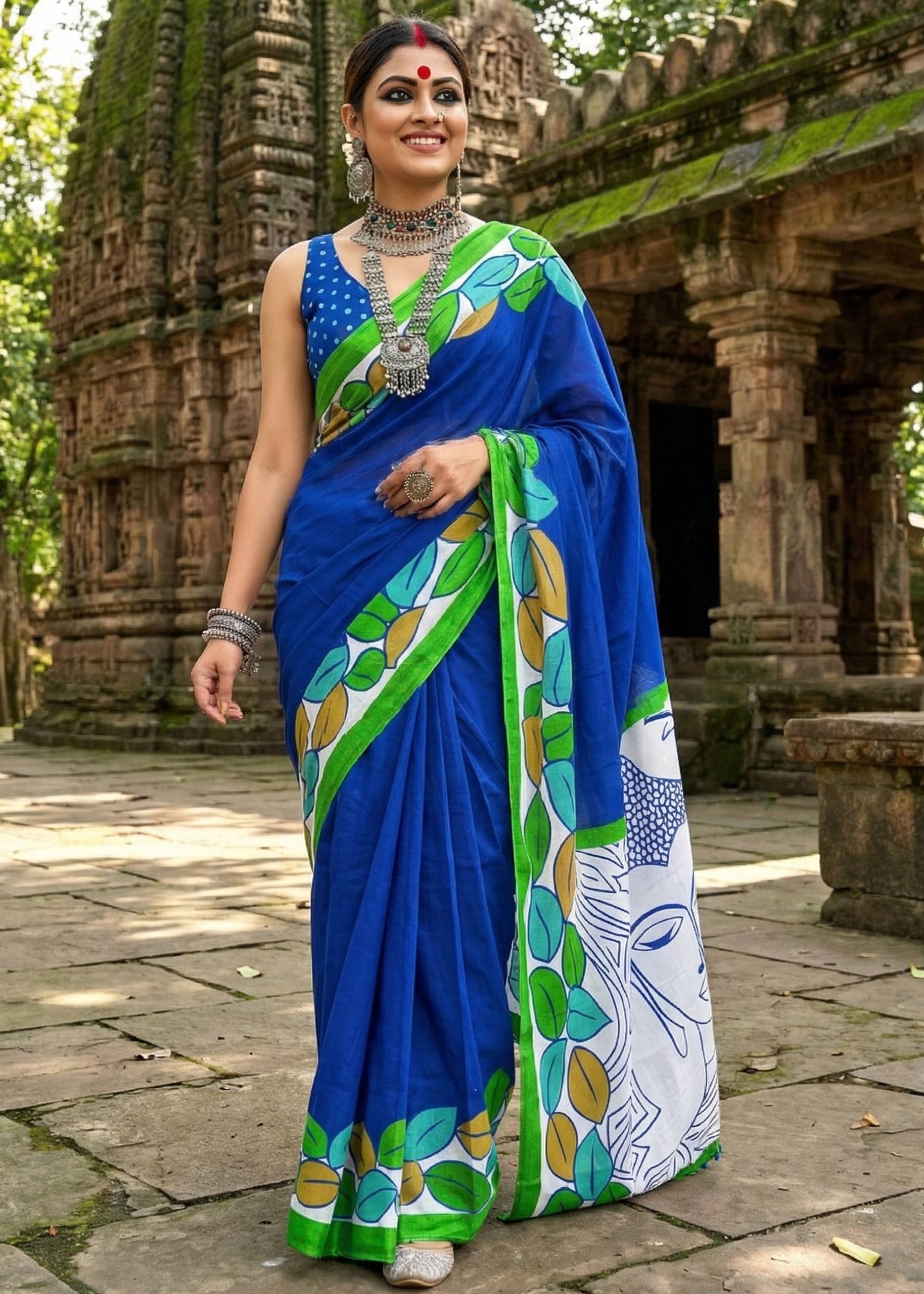 MADHUBANI PURE MULMUL HAND BLOCK PRINTE COTTON BLUE SAREE WITH BLOUSE