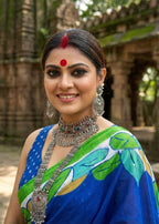 MADHUBANI PURE MULMUL HAND BLOCK PRINTE COTTON BLUE SAREE WITH BLOUSE