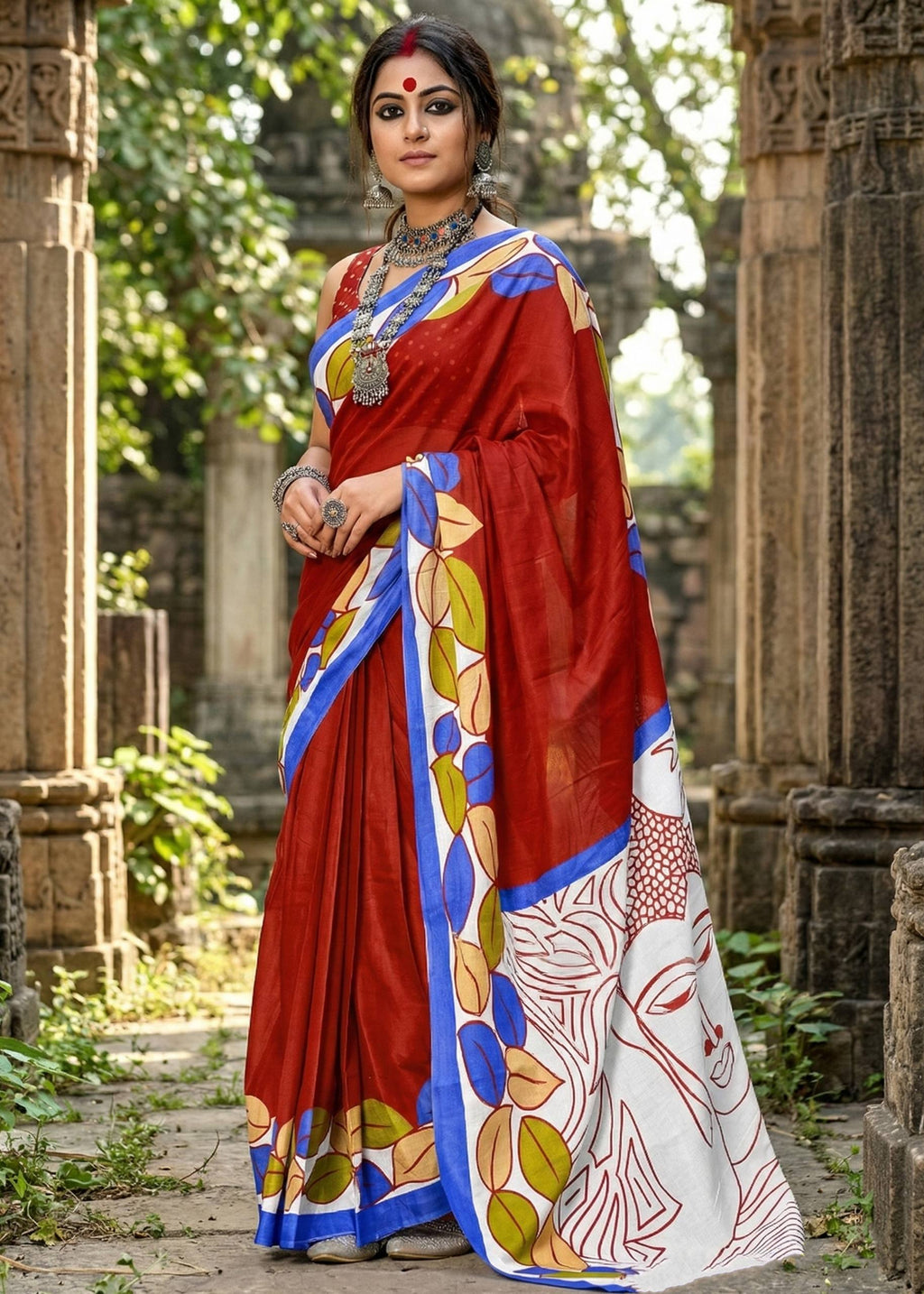 MADHUBANI PURE MULMUL HAND BLOCK PRINTE COTTON RED SAREE WITH BLOUSE