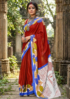MADHUBANI PURE MULMUL HAND BLOCK PRINTE COTTON RED SAREE WITH BLOUSE