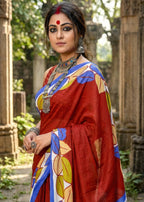 MADHUBANI PURE MULMUL HAND BLOCK PRINTE COTTON RED SAREE WITH BLOUSE