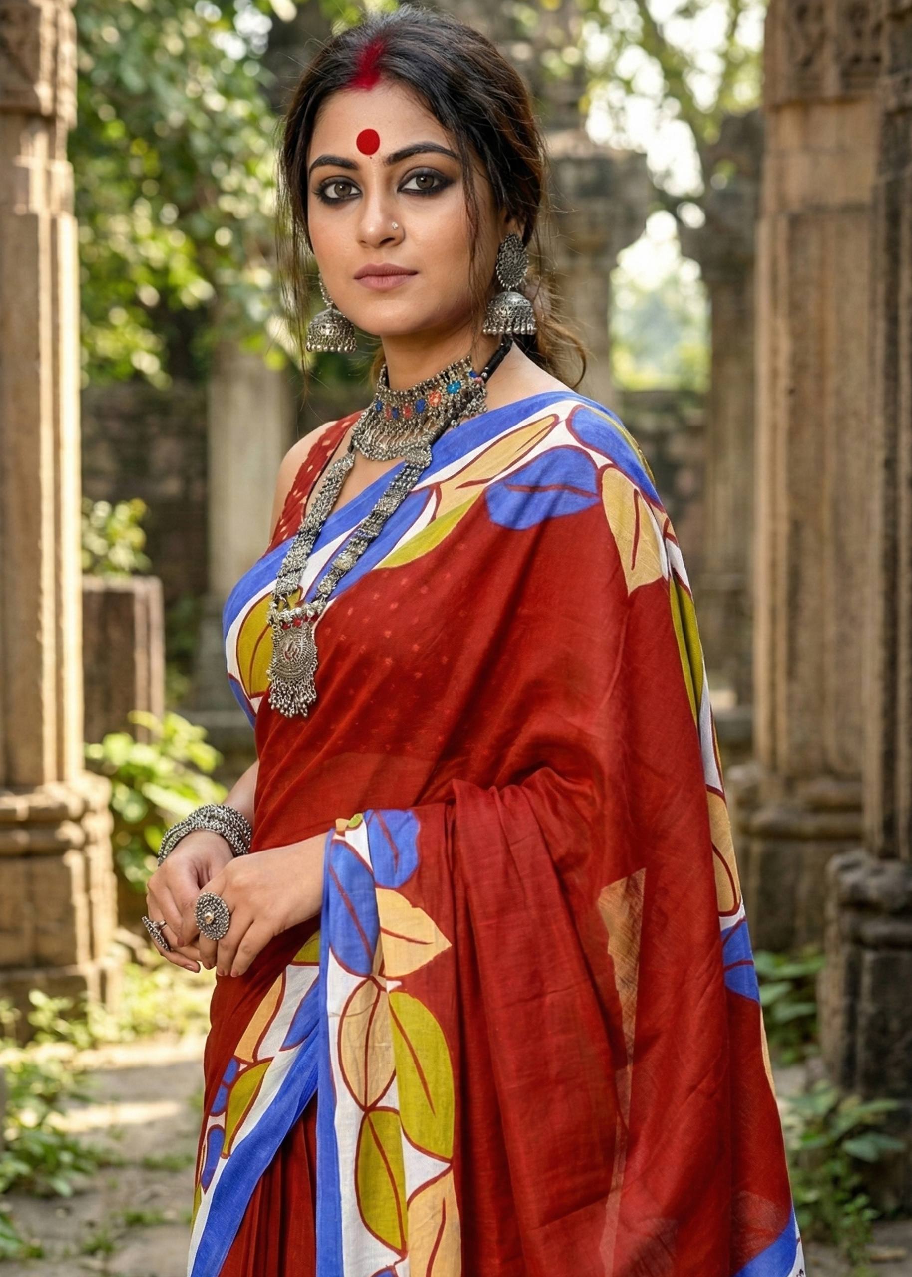 MADHUBANI PURE MULMUL HAND BLOCK PRINTE COTTON RED SAREE WITH BLOUSE