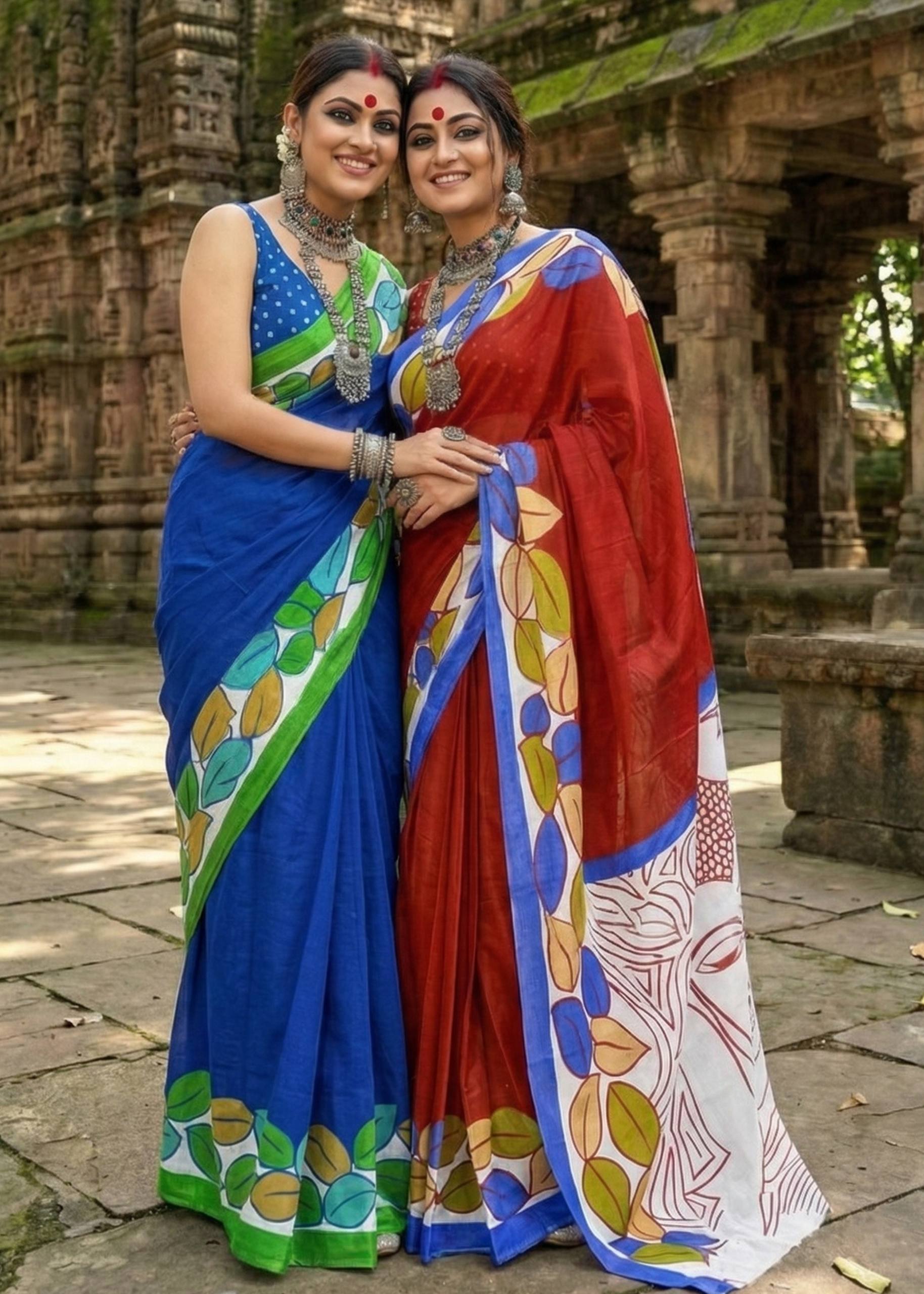 MADHUBANI PURE MULMUL HAND BLOCK PRINTE COTTON BLUE SAREE WITH BLOUSE