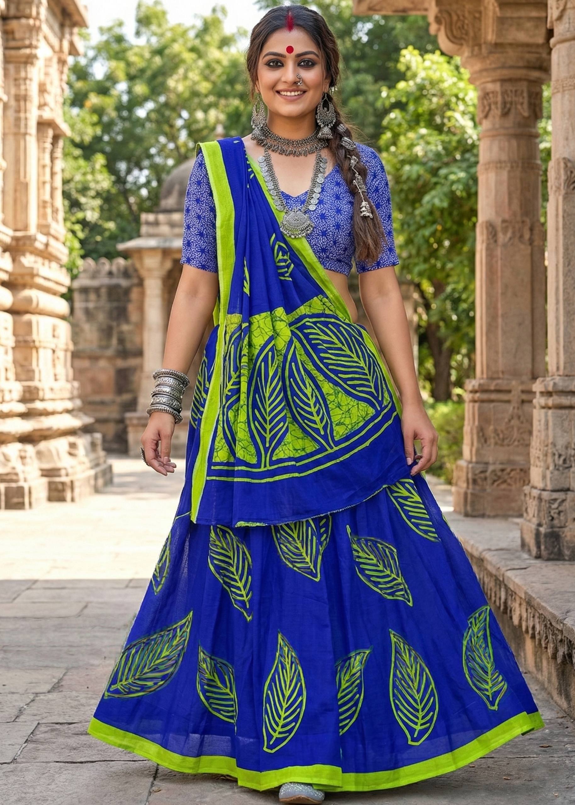 PURE MULMUL COTTON MORDAN HAND BLOCK PRINTD BLUE SAREE WITH BLOUSE