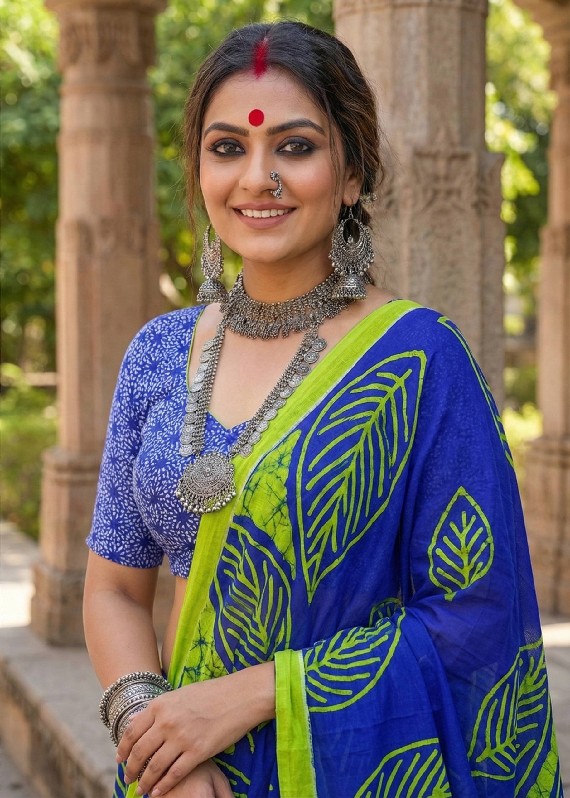 PURE MULMUL COTTON MORDAN HAND BLOCK PRINTD BLUE SAREE WITH BLOUSE
