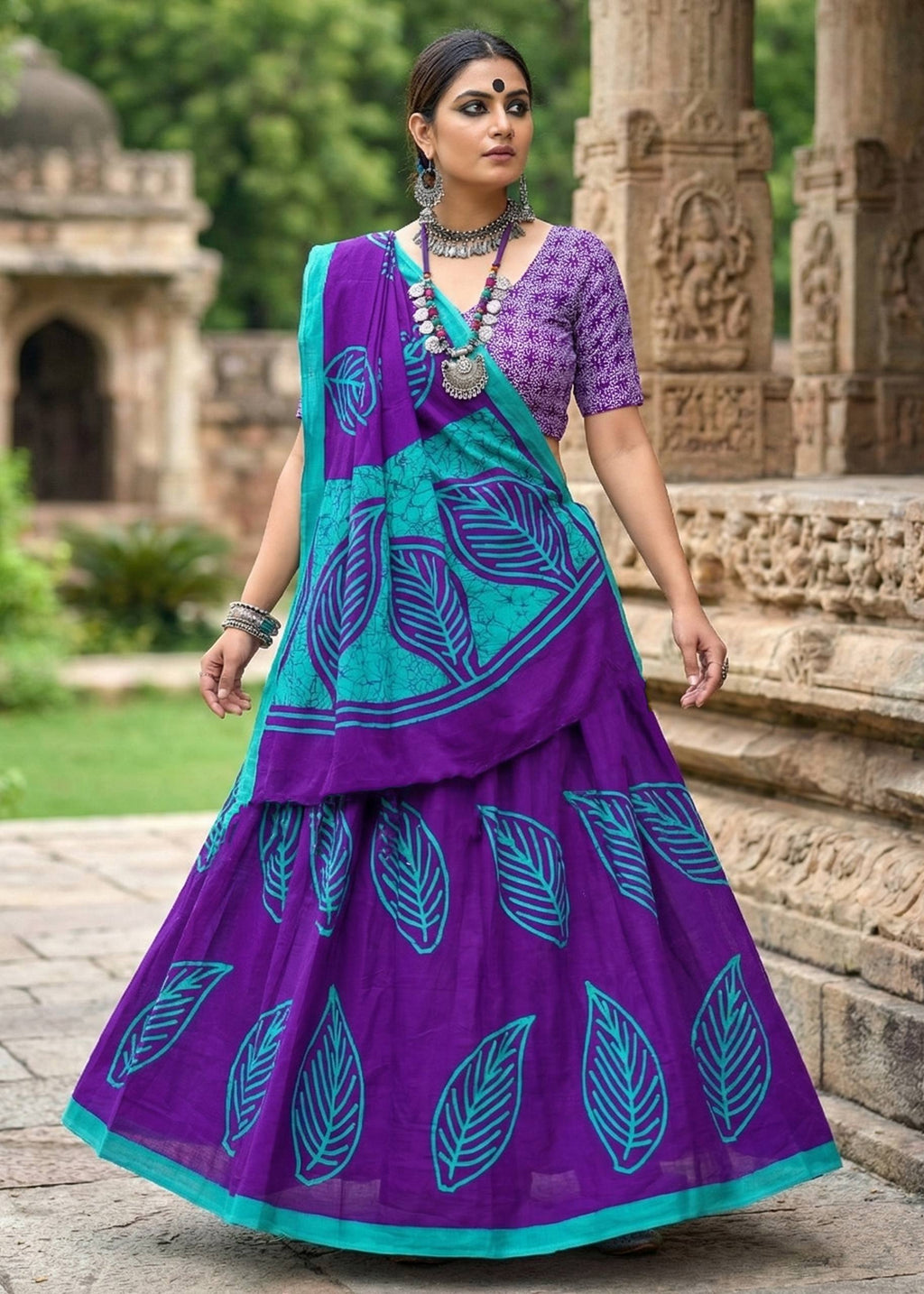 PURE MULMUL COTTON MORDAN HAND BLOCK PRINTD BLUE VOILET SAREE WITH BLOUSE