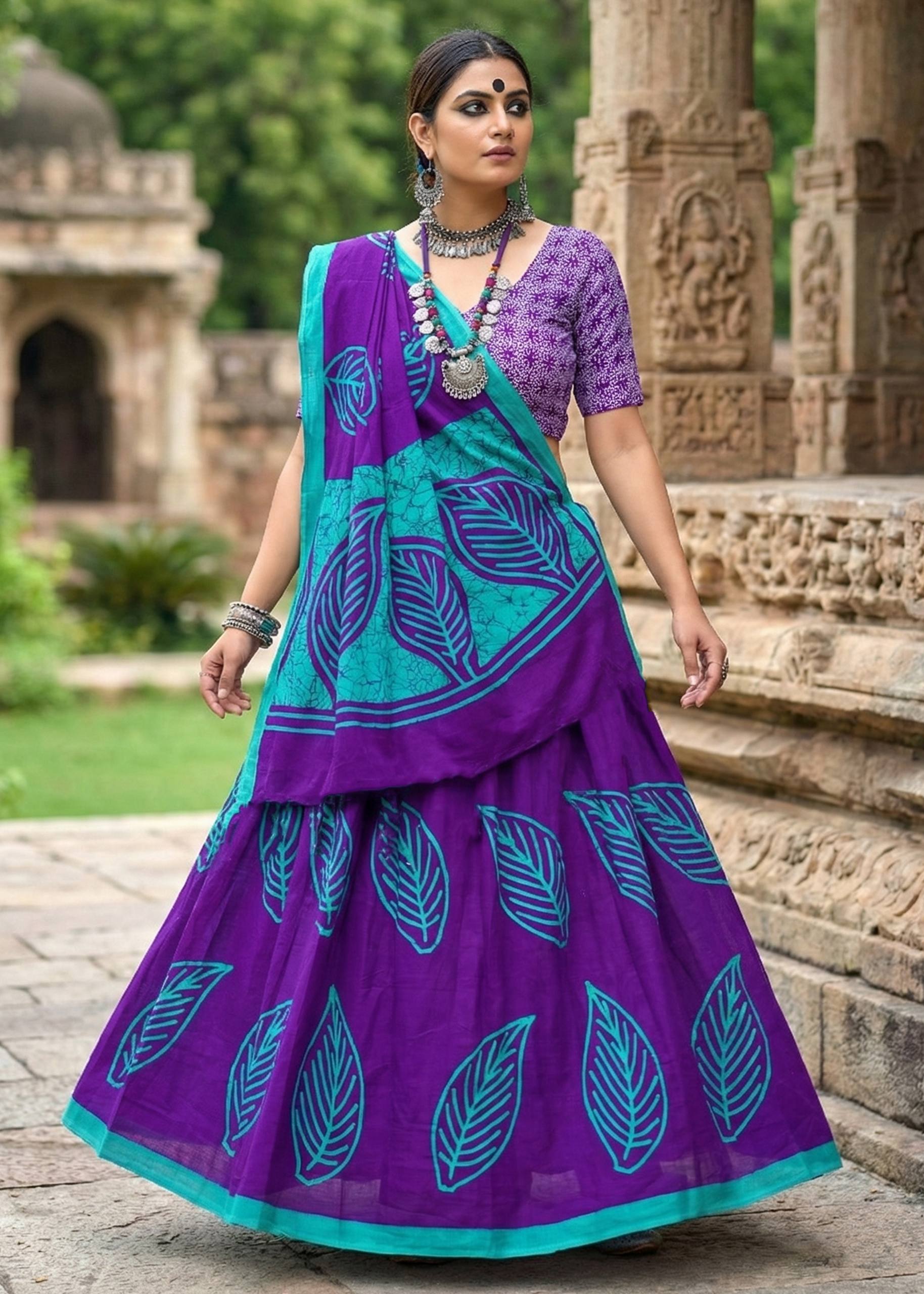 PURE MULMUL COTTON MORDAN HAND BLOCK PRINTD BLUE VOILET SAREE WITH BLOUSE