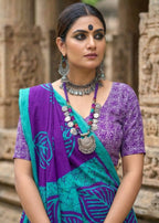 PURE MULMUL COTTON MORDAN HAND BLOCK PRINTD BLUE VOILET SAREE WITH BLOUSE