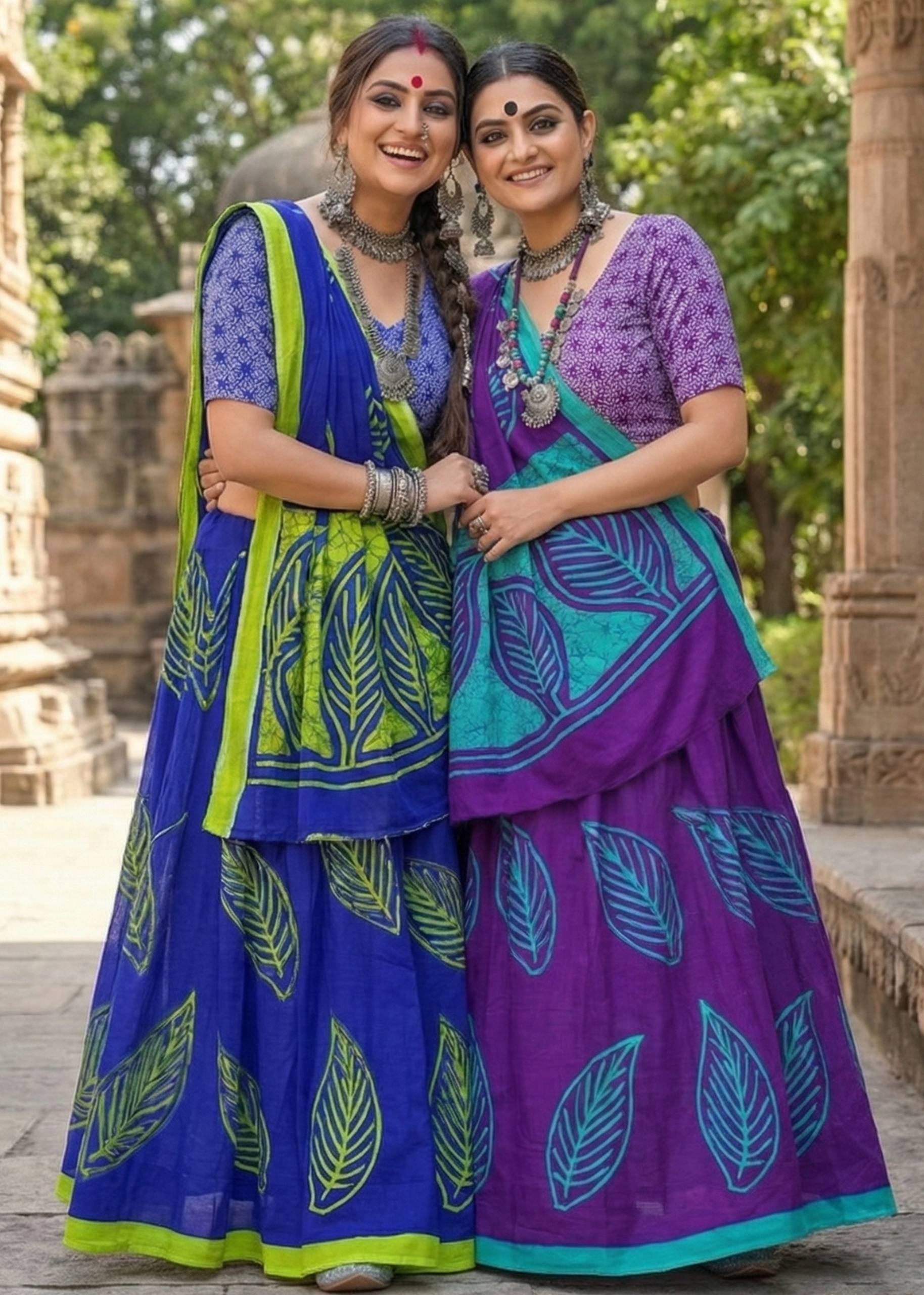 PURE MULMUL COTTON MORDAN HAND BLOCK PRINTD BLUE SAREE WITH BLOUSE