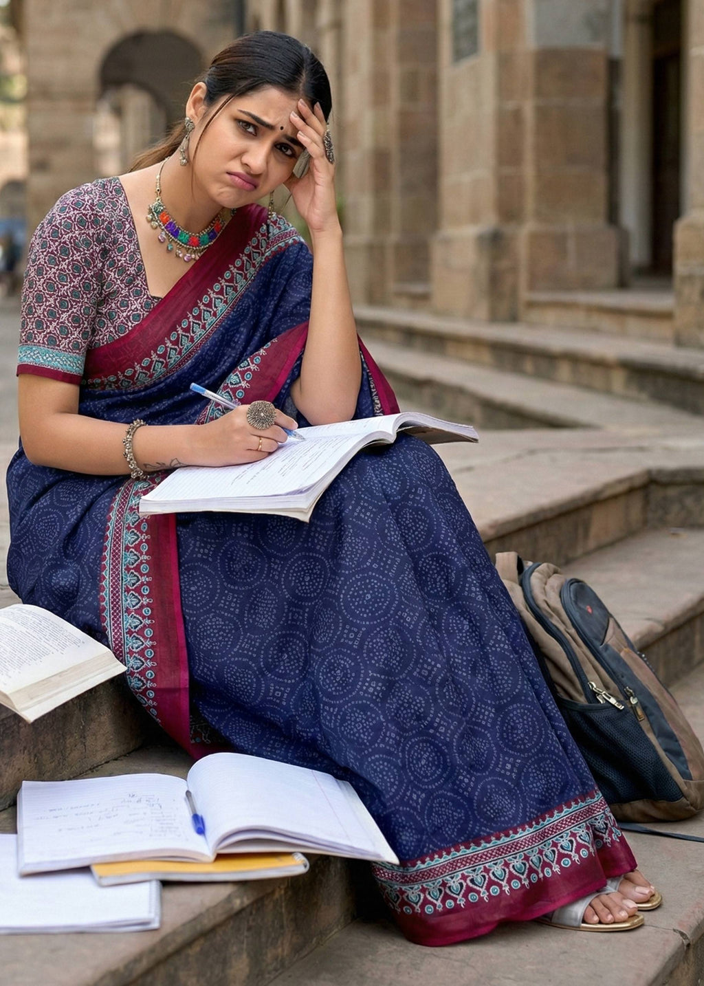 PURE MULMUL COTTON BANDHANI PRINT NEVY BLUE SAREE WITH BLOUSE