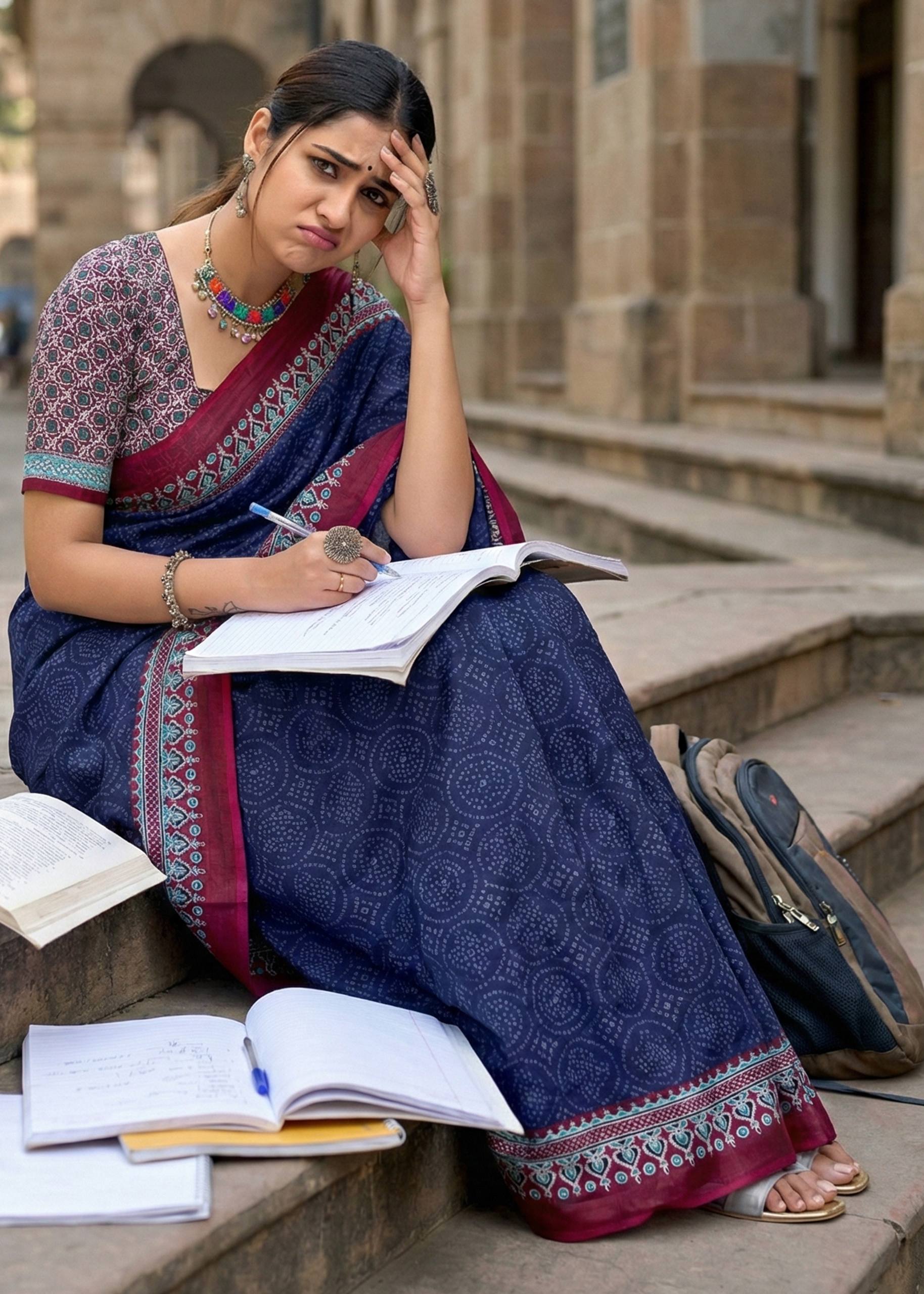 PURE MULMUL COTTON BANDHANI PRINT NEVY BLUE SAREE WITH BLOUSE
