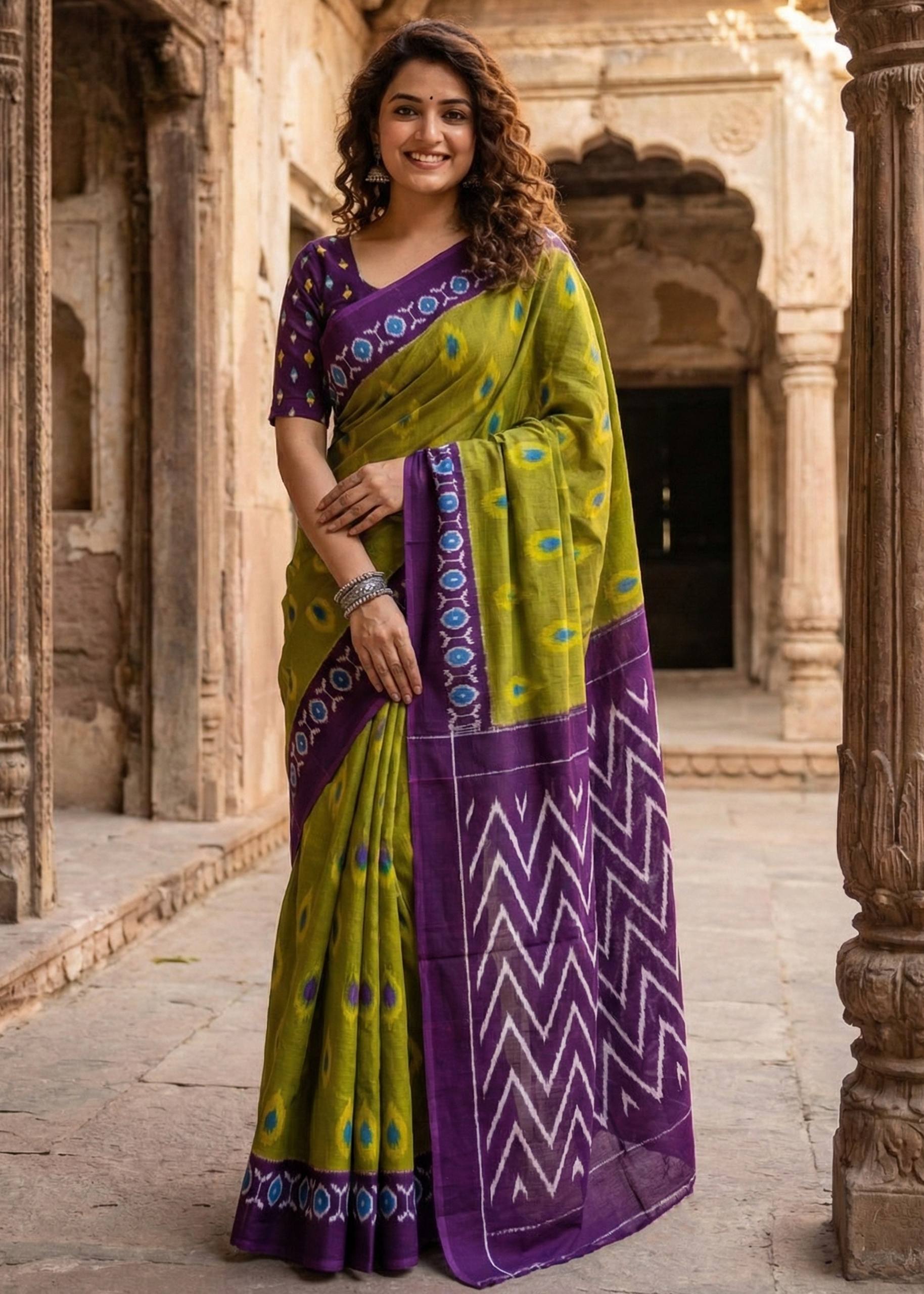 PURE MULMUL COTTON IKKAT HAND BLOCK PRINT OLIVE GREEN SAREE WITH BLOUSE