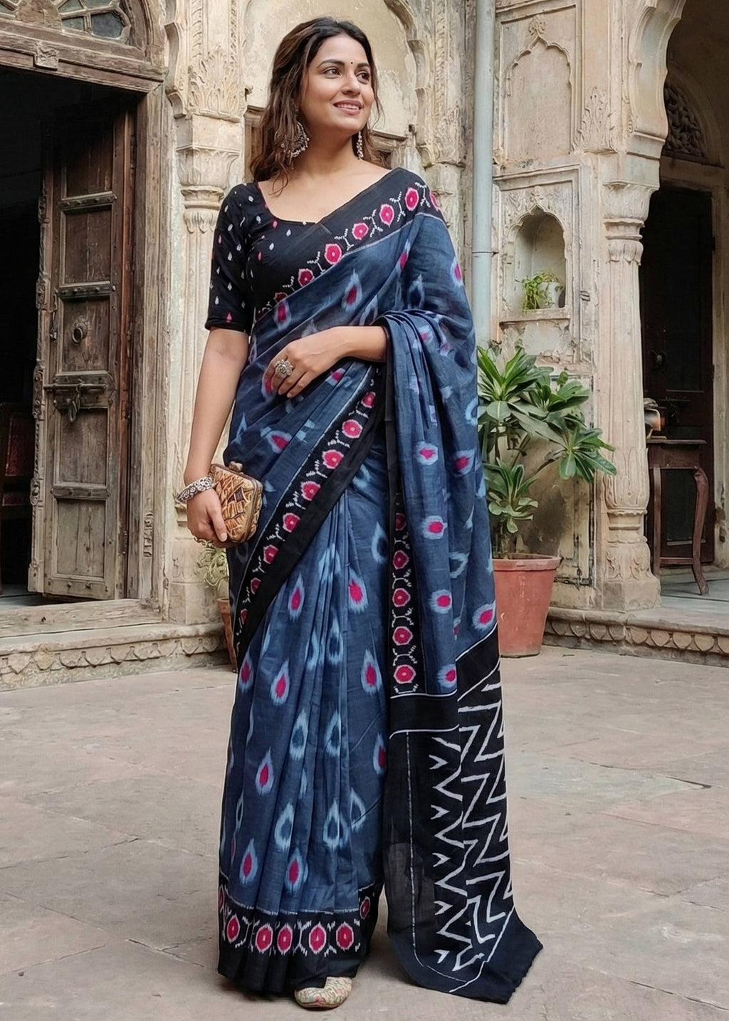 PURE MULMUL COTTON IKKAT HAND BLOCK PRINT NEVY BLUE SAREE WITH BLOUSE