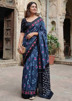 PURE MULMUL COTTON IKKAT HAND BLOCK PRINT NEVY BLUE SAREE WITH BLOUSE