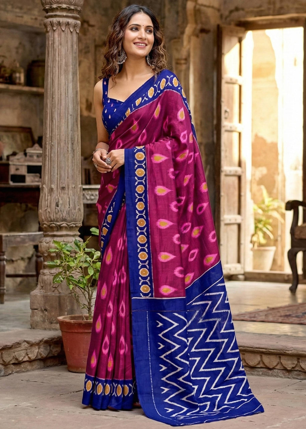 PURE MULMUL COTTON IKKAT HAND BLOCK PRINT MAROON SAREE WITH BLOUSE