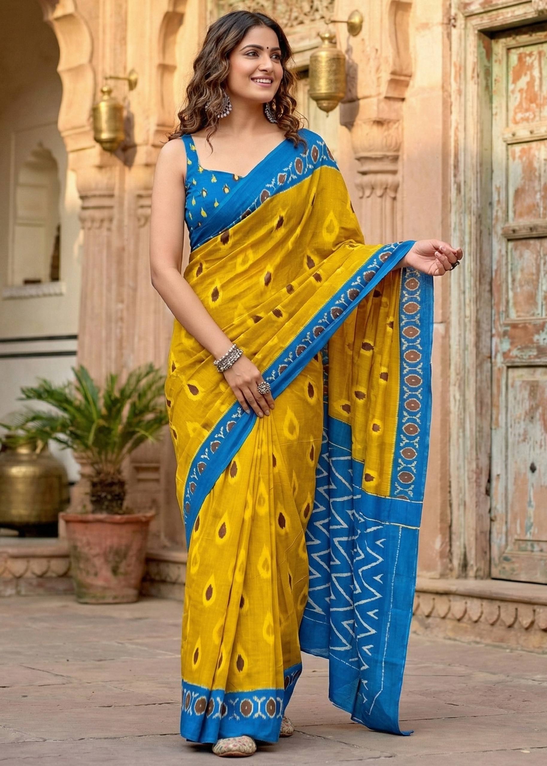 PURE MULMUL COTTON IKKAT HAND BLOCK PRINT YELLOW SAREE WITH BLOUSE