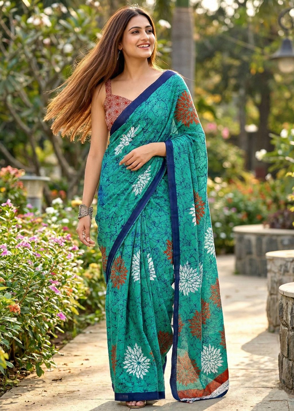 PURE MULMUL COTTON FLOWER PRINT GREEN SAREE WITH BLOUSE