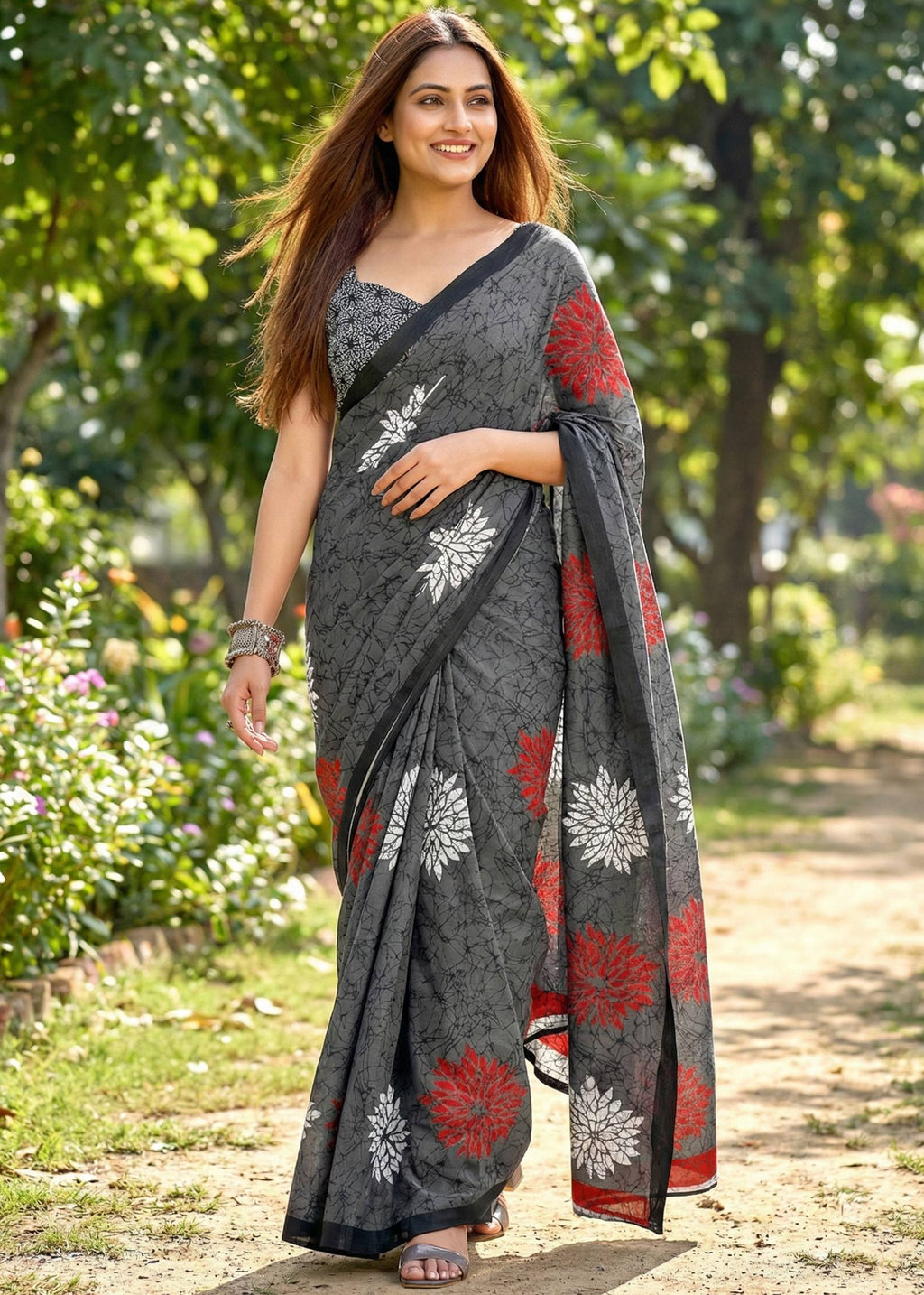 PURE MULMUL COTTON FLOWER PRINT GREY SAREE WITH BLOUSE
