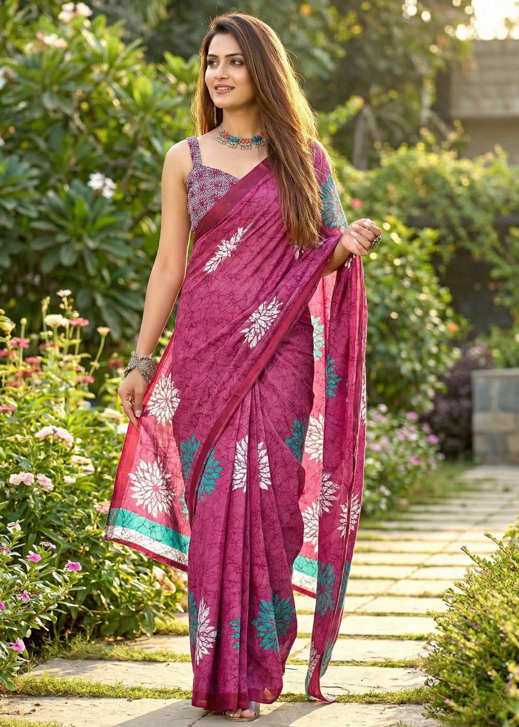 PURE MULMUL COTTON FLOWER PRINT PINK SAREE WITH BLOUSE