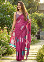 PURE MULMUL COTTON FLOWER PRINT PINK SAREE WITH BLOUSE