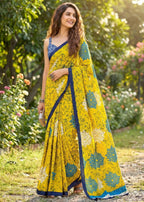 PURE MULMUL COTTON FLOWER PRINT YELLOW SAREE WITH BLOUSE