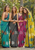 PURE MULMUL COTTON FLOWER PRINT GREEN SAREE WITH BLOUSE