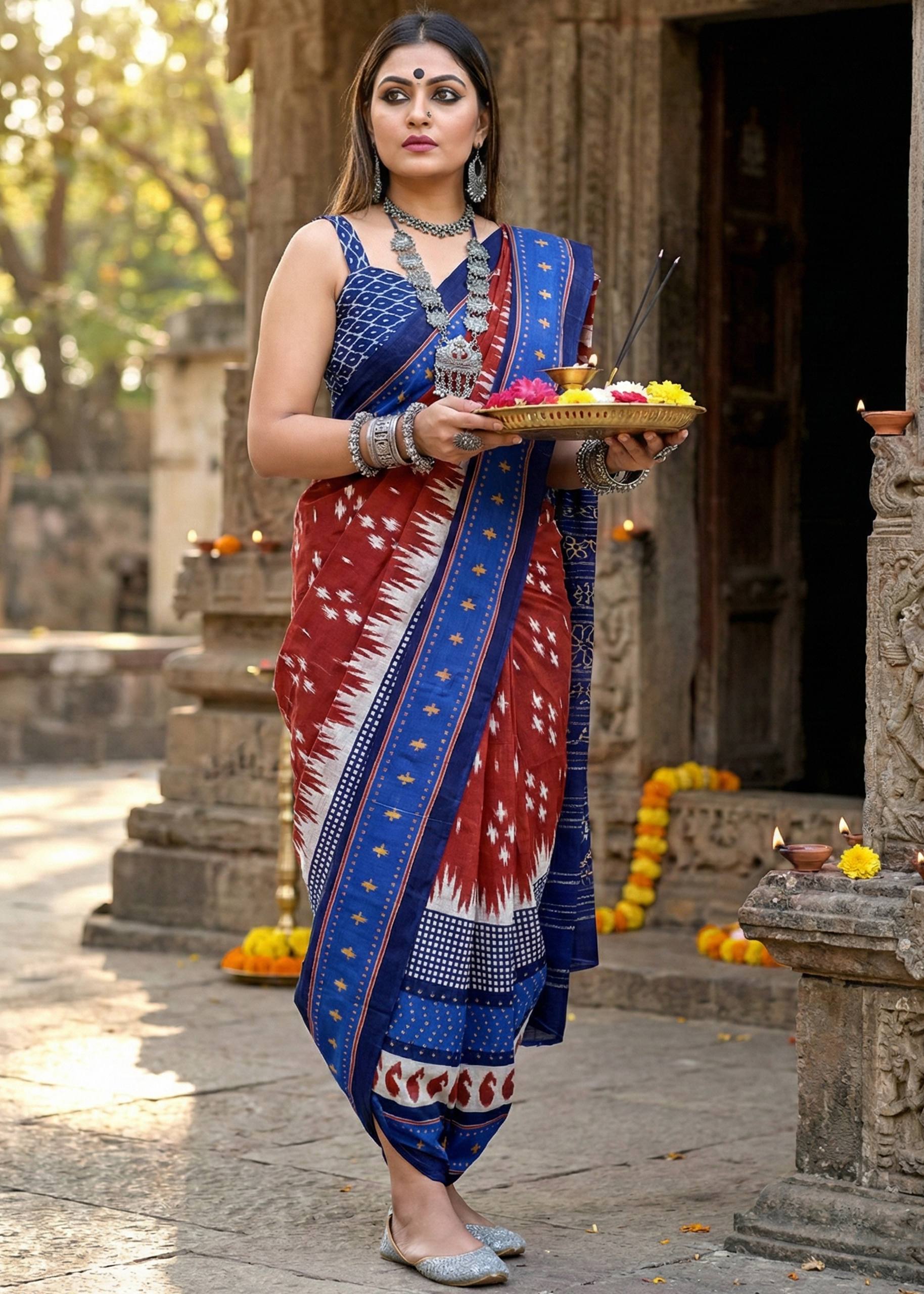 PURE MULMUL COTTON IKKAT PRINT MAROON SAREE WITH BLOUSE