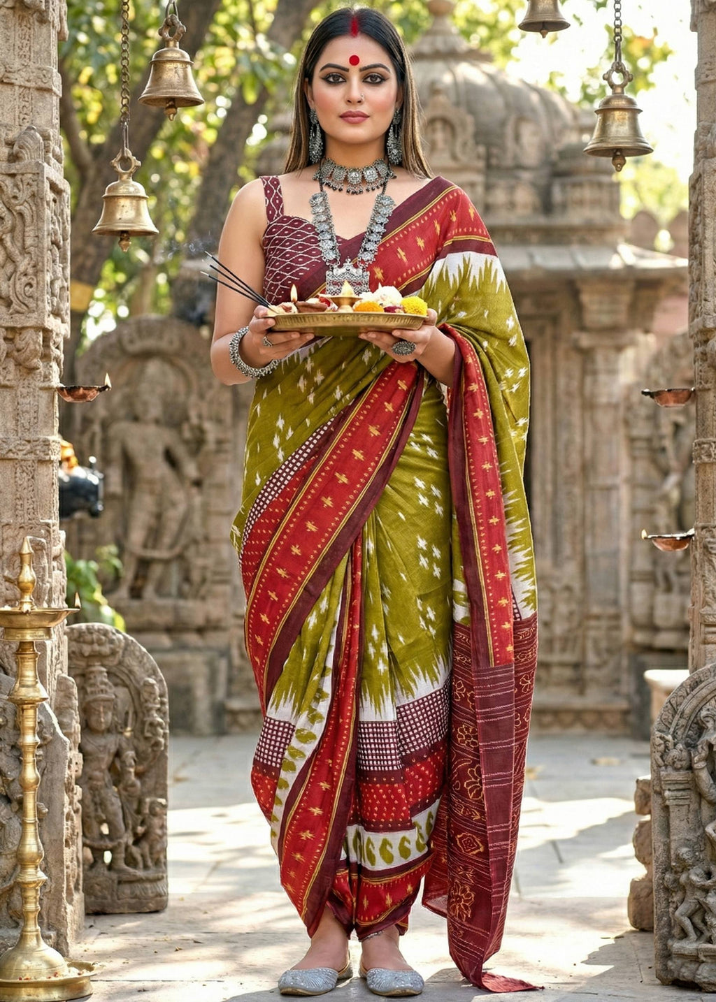 PURE MULMUL COTTON IKKAT PRINT MEHANDI GREEN SAREE WITH BLOUSE