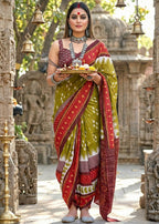 PURE MULMUL COTTON IKKAT PRINT MEHANDI GREEN SAREE WITH BLOUSE