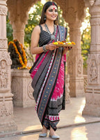 PURE MULMUL COTTON IKKAT PRINT RANI PINK SAREE WITH BLOUSE