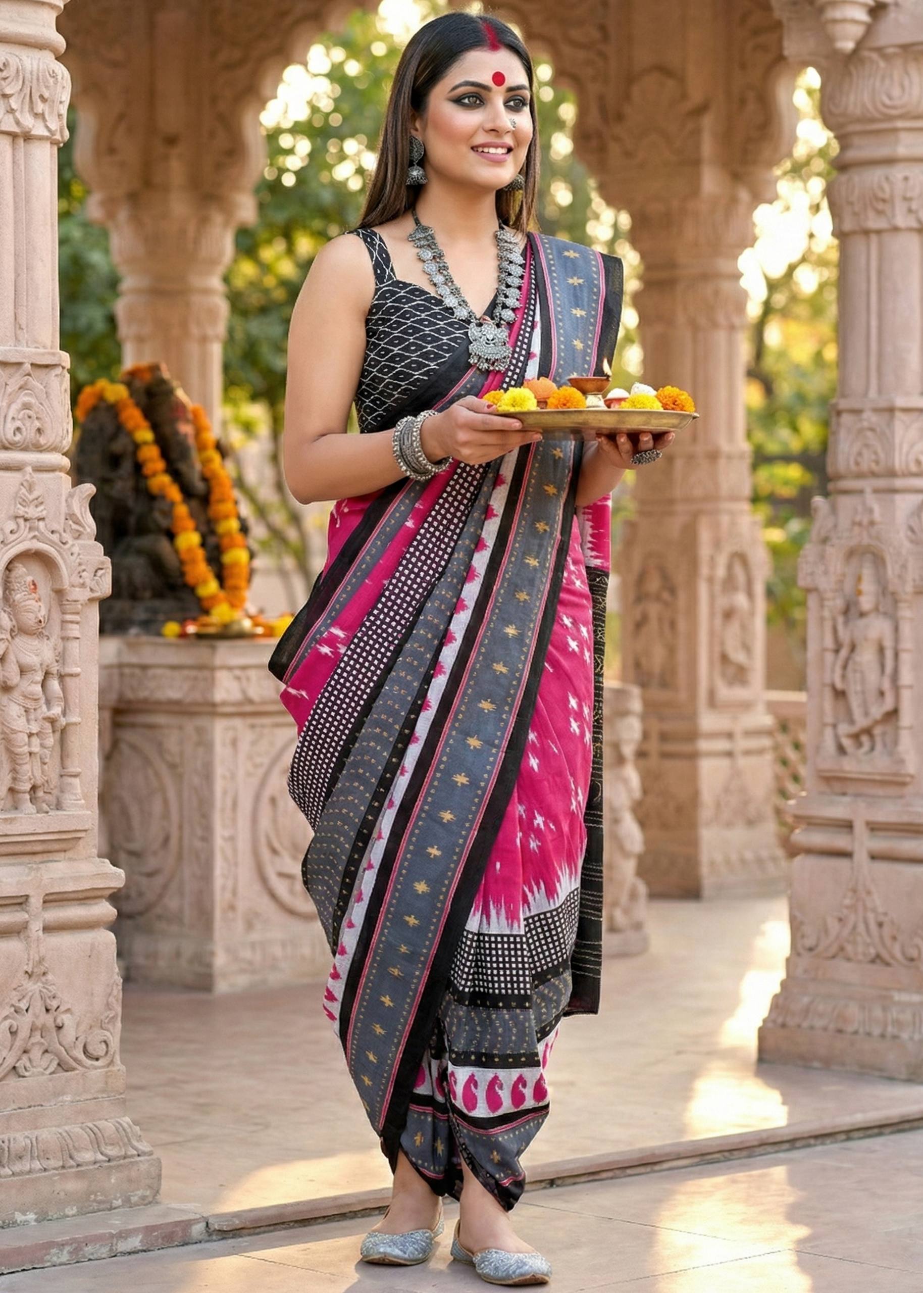 PURE MULMUL COTTON IKKAT PRINT RANI PINK SAREE WITH BLOUSE