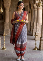 PURE MULMUL COTTON IKKAT PRINT GREY SAREE WITH BLOUSE