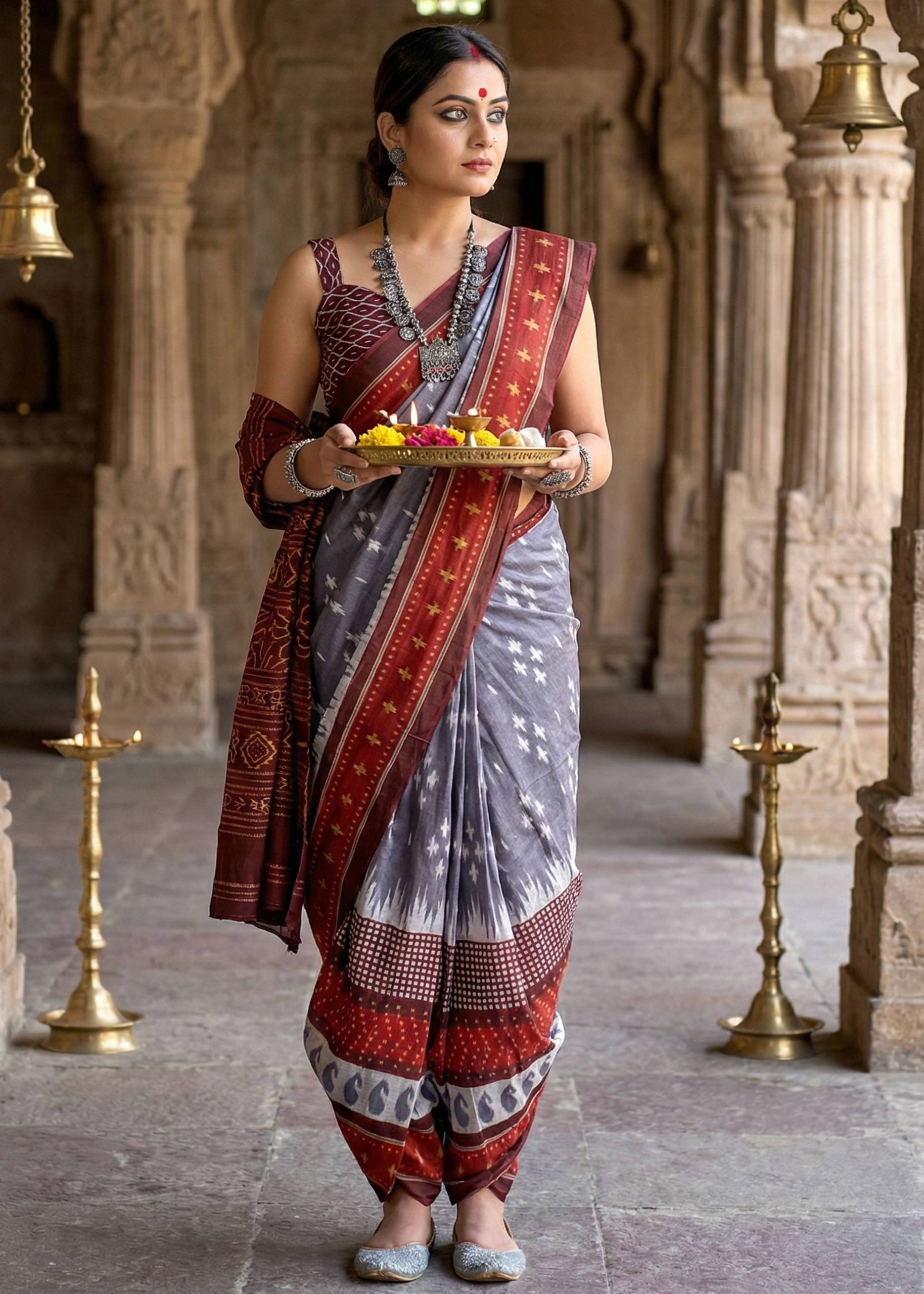 PURE MULMUL COTTON IKKAT PRINT GREY SAREE WITH BLOUSE