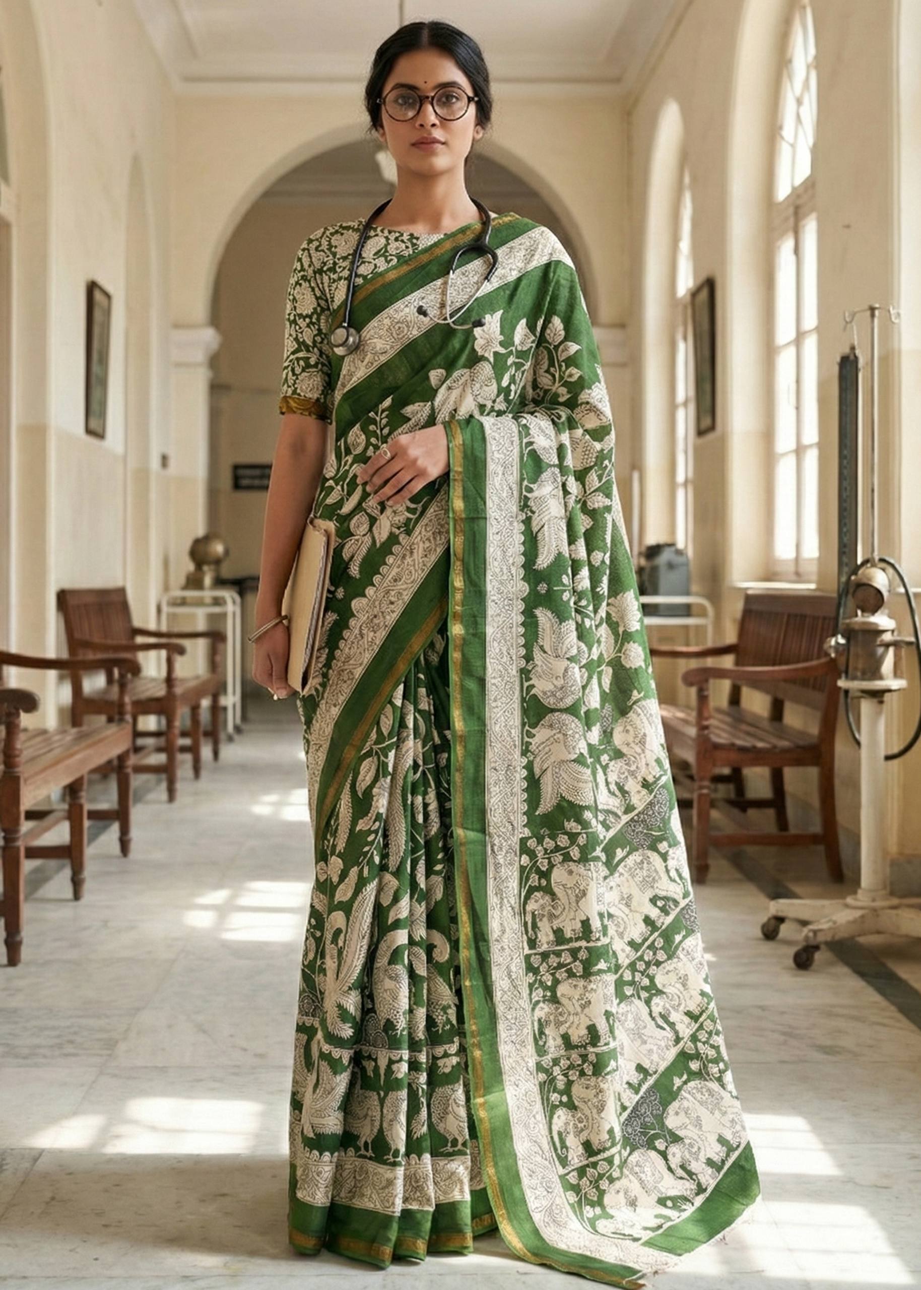 SOFT MASLIN MULMUL COTTON WITH HEVY ZARI BODAR GREEN SAREE WITH BLOUSE