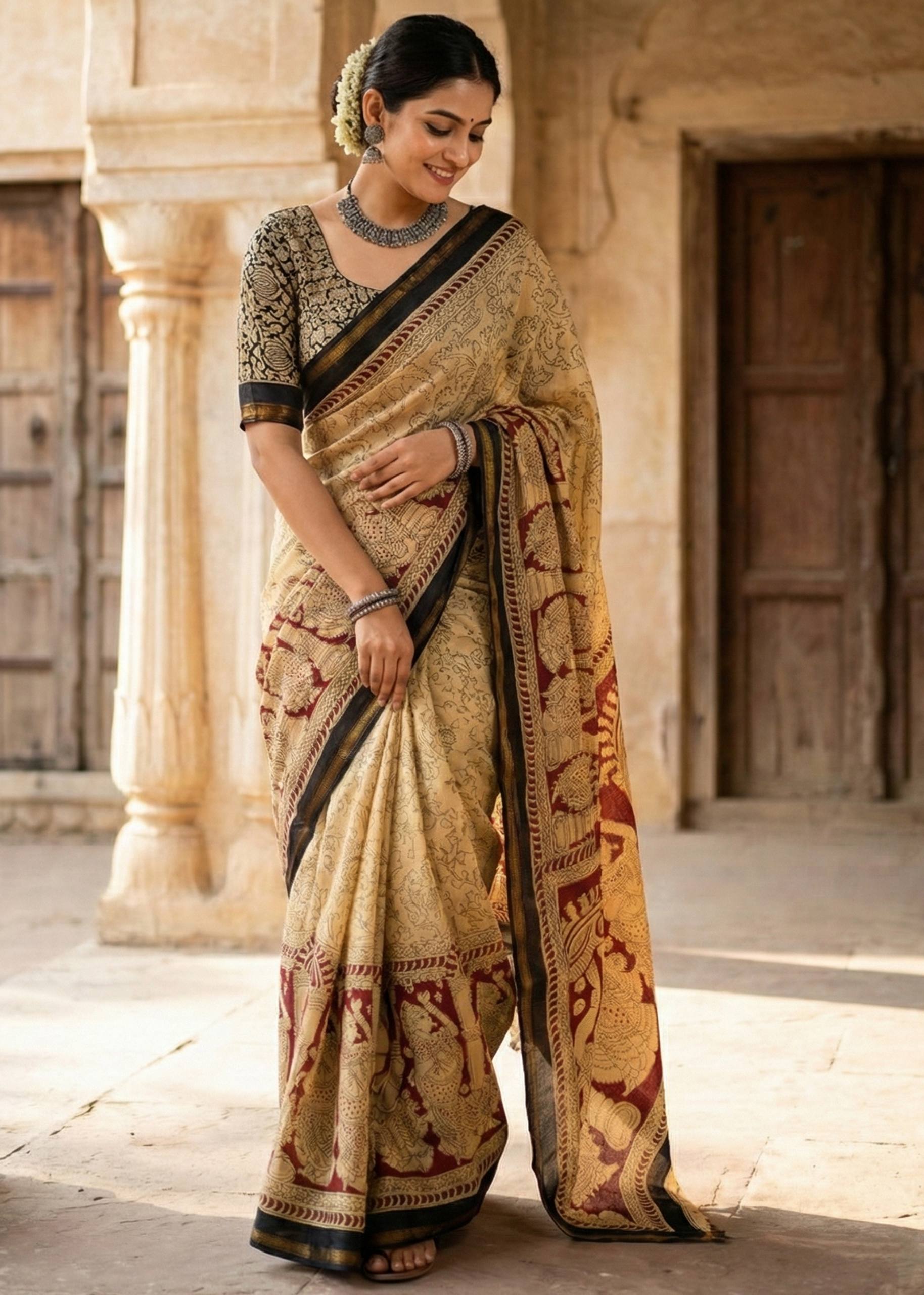 SOFT MULMUL MASLIN COTTON WITH HEVY ZARI BORDER BEIGE AND RED SAREE WITH BLOUSE
