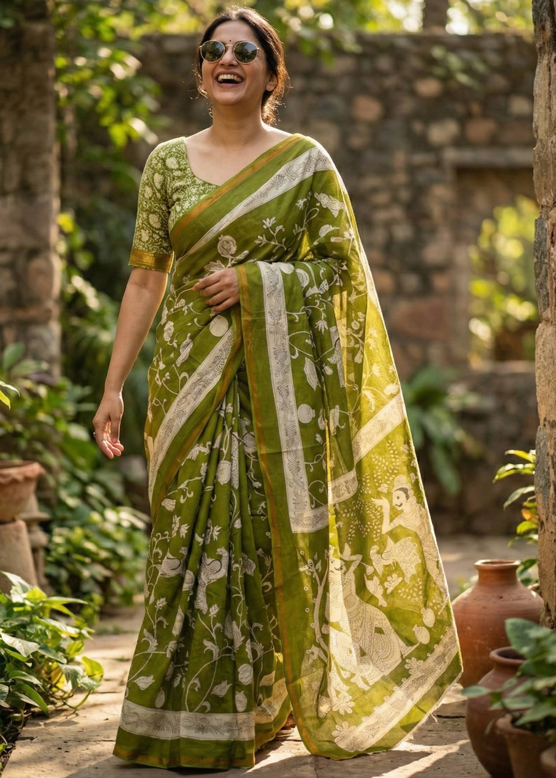 SOFT MASLIN  MULMUL COTTON WITH HEVY ZARI BORDER MEHANDI GREEN SAREE WITH BLOUSE