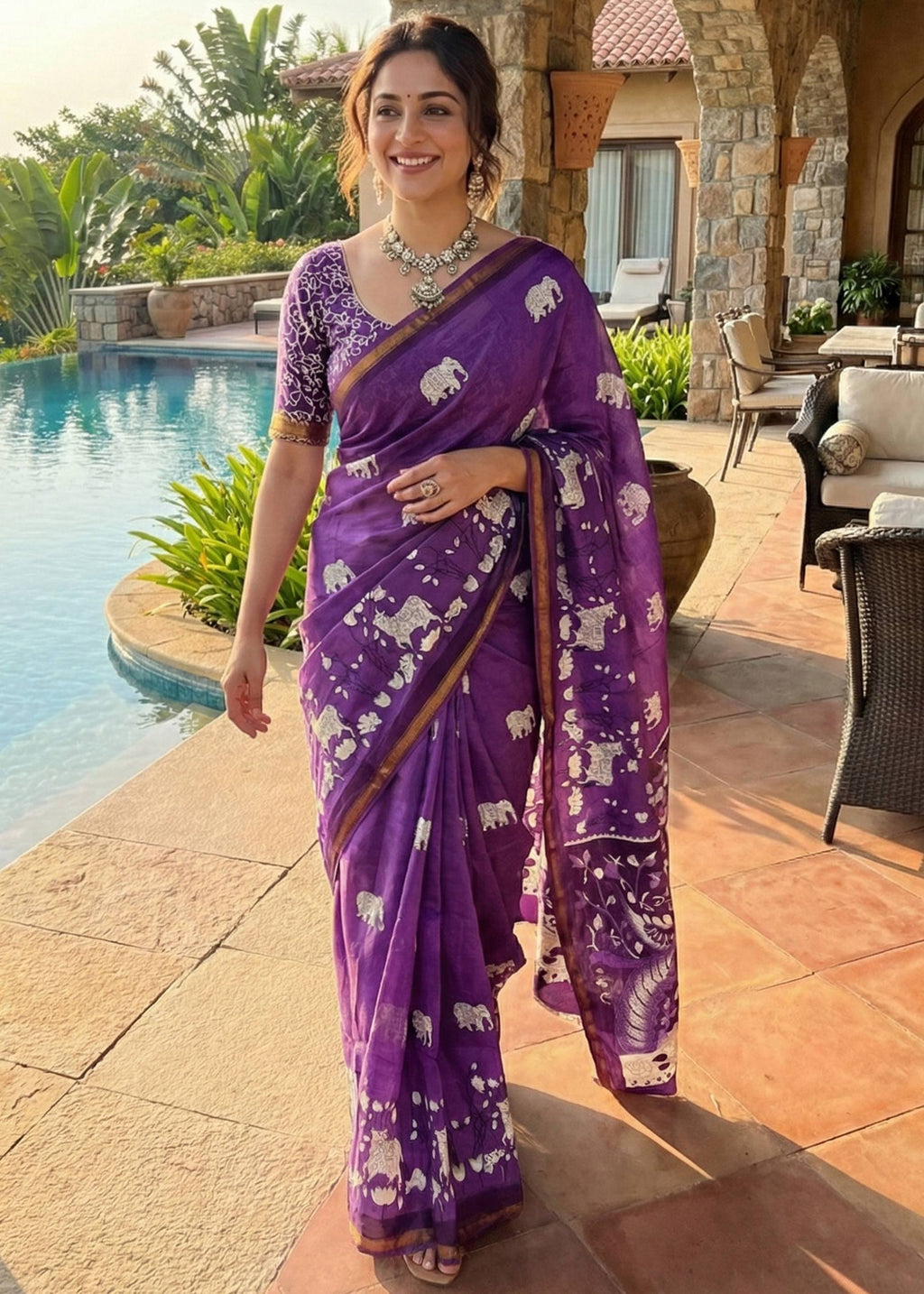 SOFT MASLIN COTTON WITH HEVY ZARI BORDER VOILET SAREE WITH BLOUSE