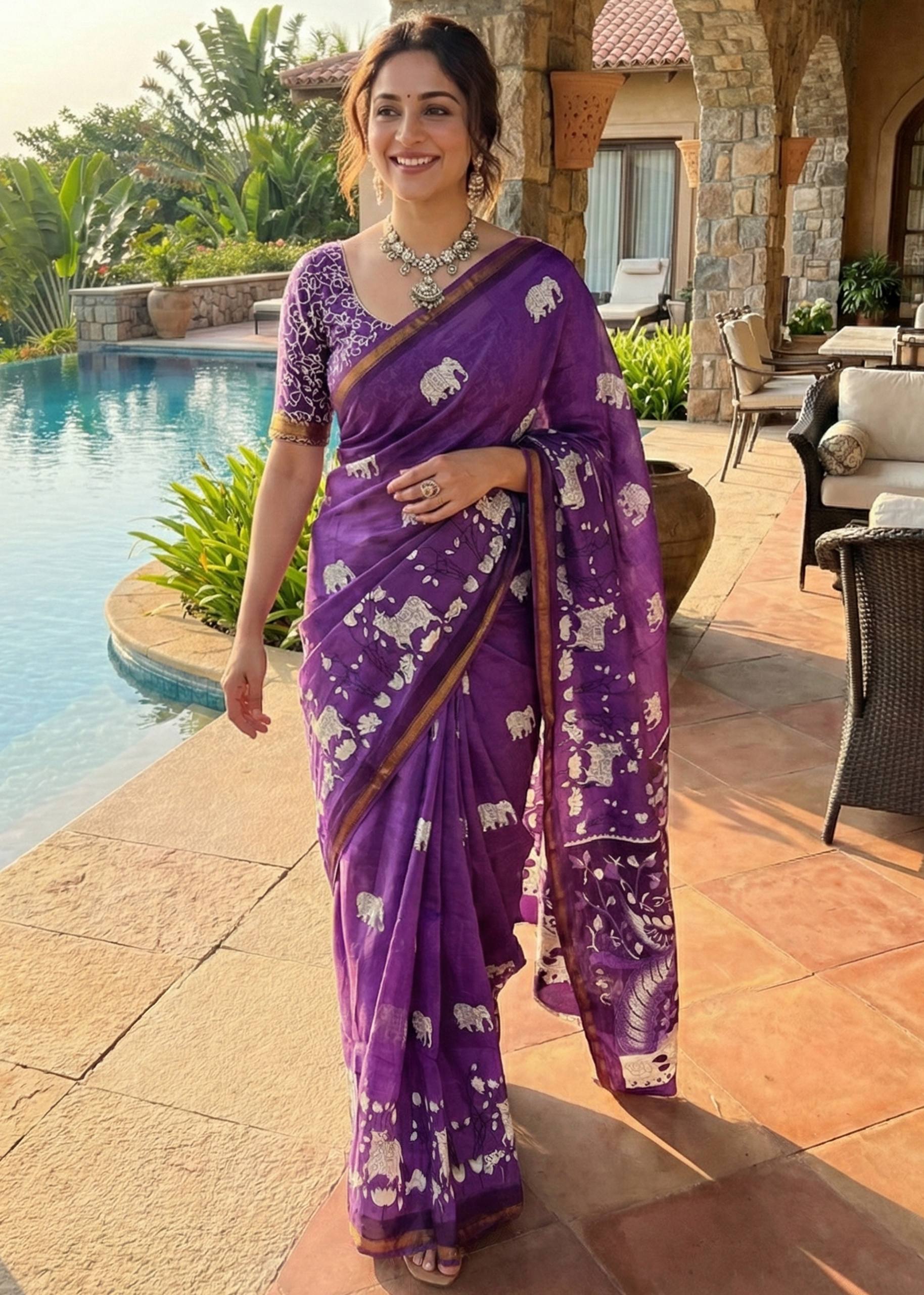 SOFT MASLIN COTTON WITH HEVY ZARI BORDER VOILET SAREE WITH BLOUSE