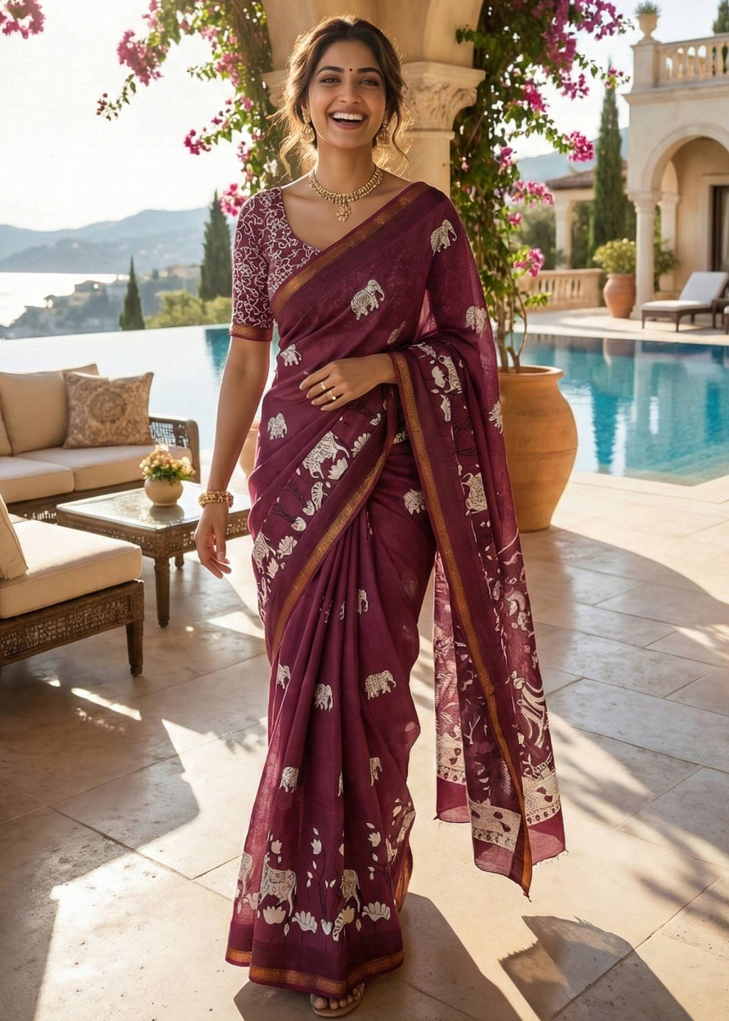 SOFT MASLIN COTTON WITH HEVY ZARI BORDER MAROON SAREE WITH BLOUSE