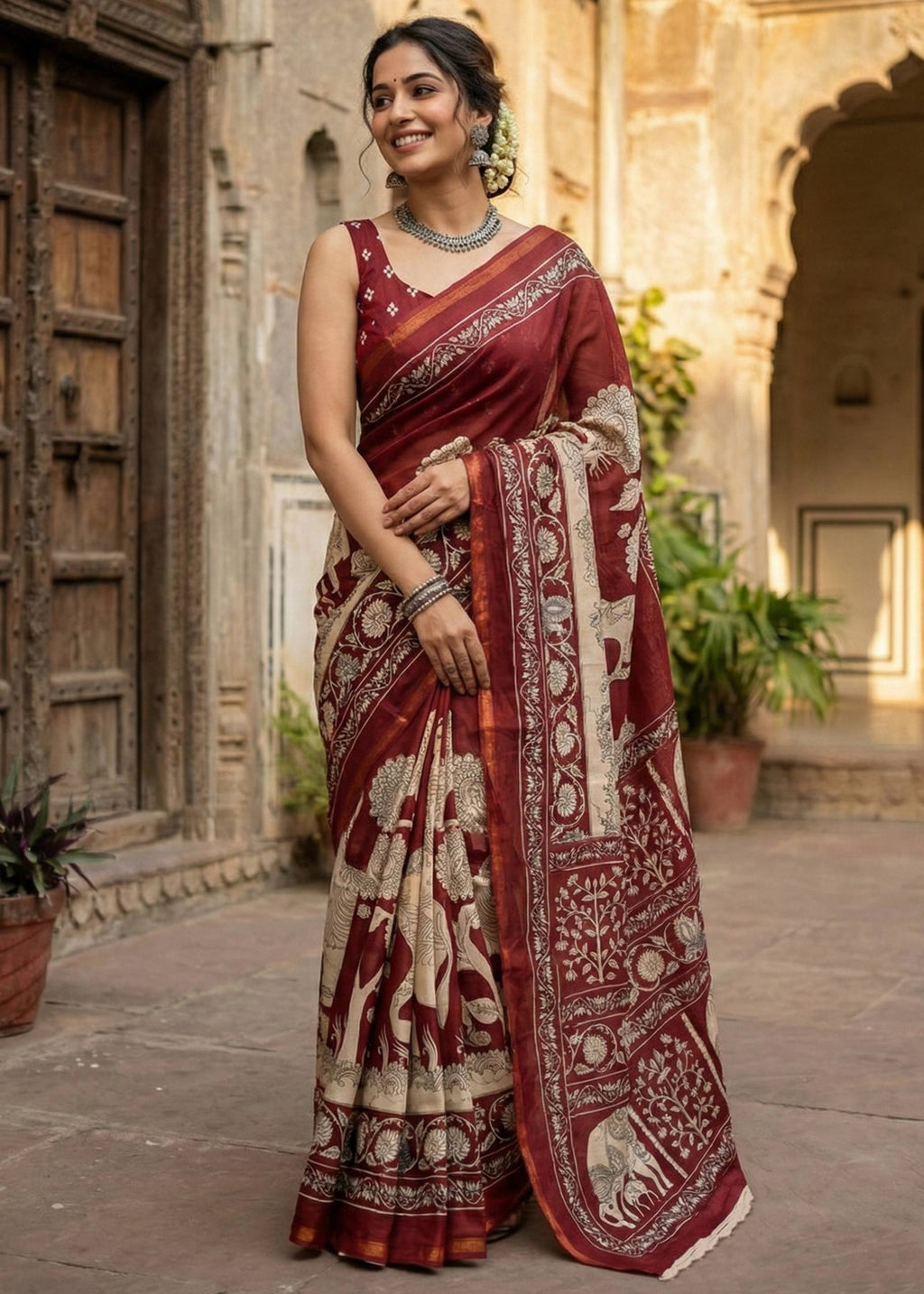 SOFT MASLIN COTTON WITH HEVY ZARI BORDER MAROON SAREE WITH BLOUSE