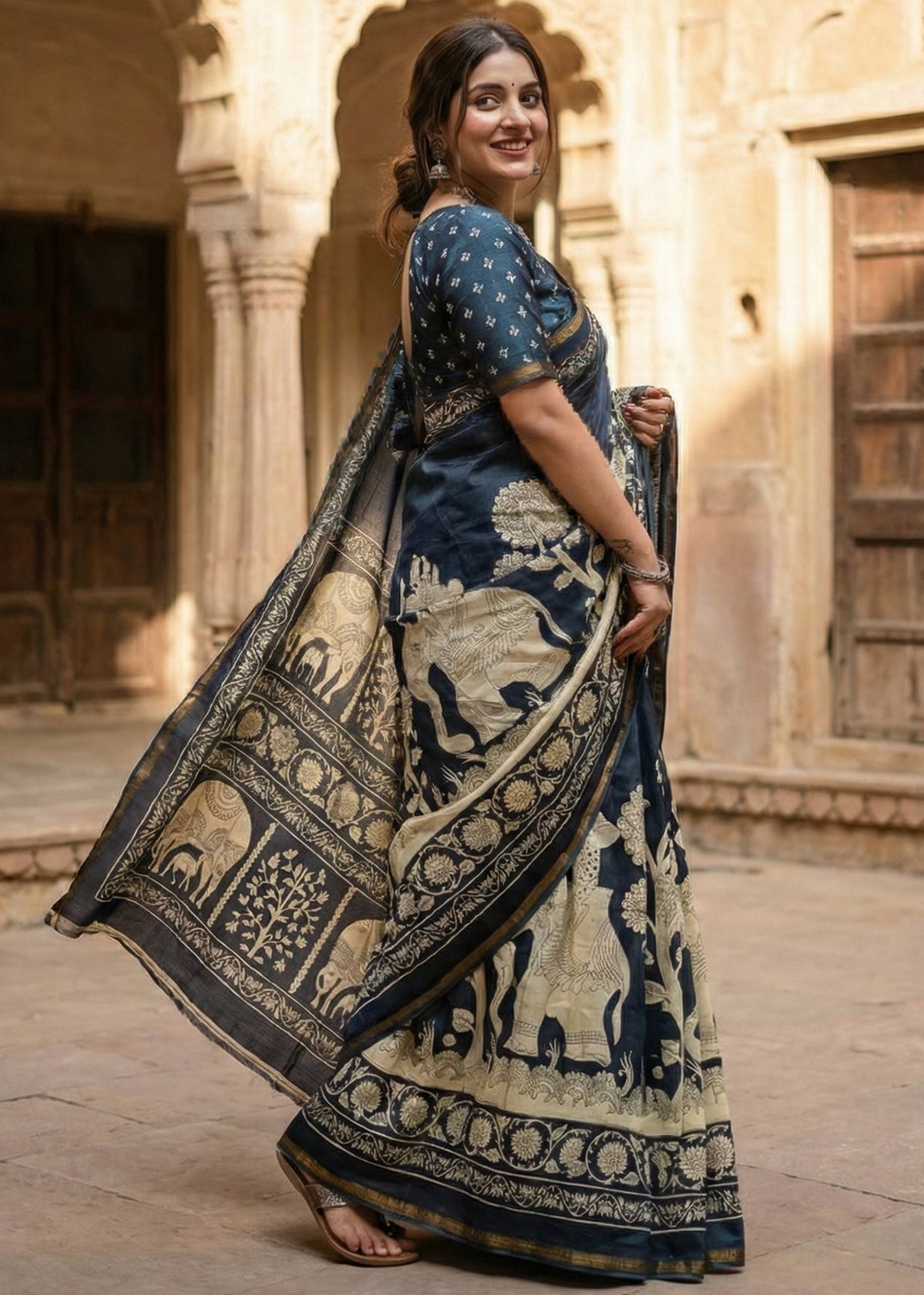 SOFT MASLIN COTTON WITH HEVY ZARI BORDER NEVY BLUE SAREE WITH BLOUSE