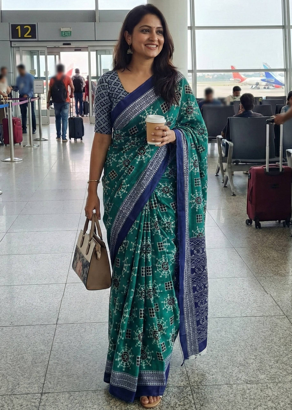 PURE MULMUL COTTON IKKAT PRINT GREEN SAREE WITH BLOUSE