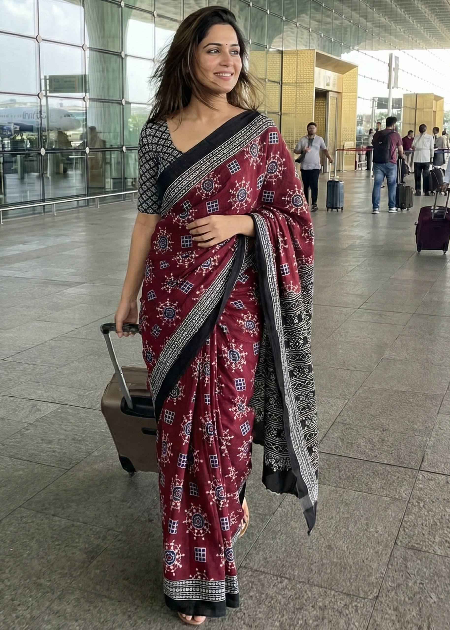PURE MULMUL COTTON IKKAT PRINT MAROON SAREE WITH BLOUSE